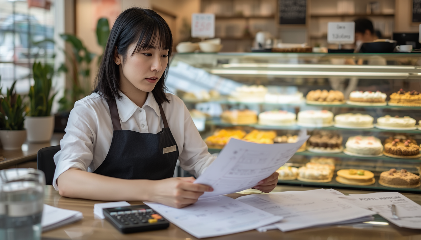 ケーキ屋の売上と利益率を確認しながら経営計画を立てる洋菓子店オーナーのイメージ