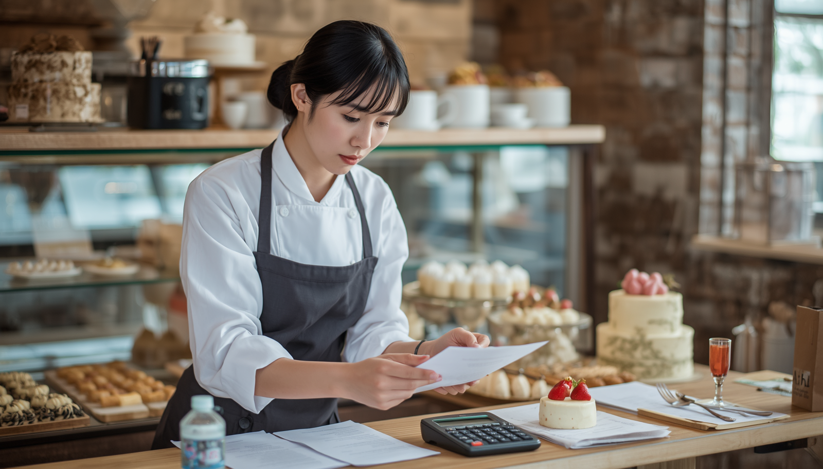 ケーキの原価率を確認しながら価格設定を行う洋菓子店のイメージ